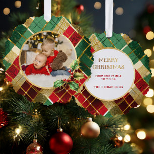Kariertes Foto mit festlichem Gold, Rot und Grün Ornament Karte