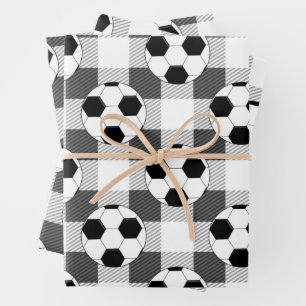 Kariertes Fußball-Muster in Schwarz-weiß und grau Geschenkpapier Set