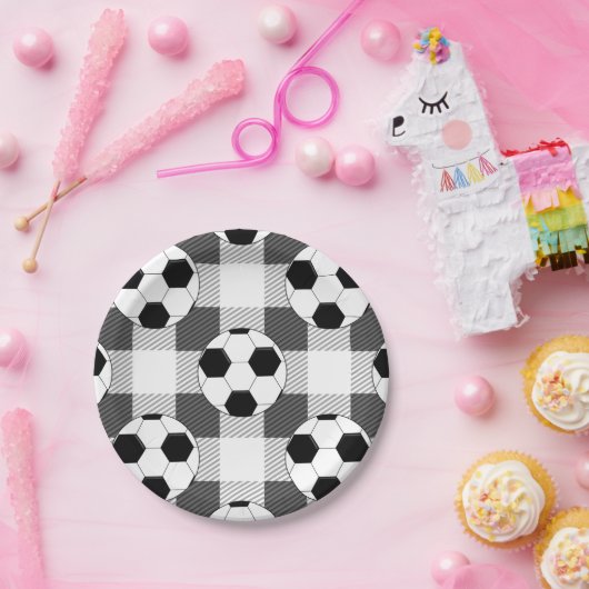 Kariertes Fußball-Muster in Schwarz-weiß und grau Pappteller (Party)