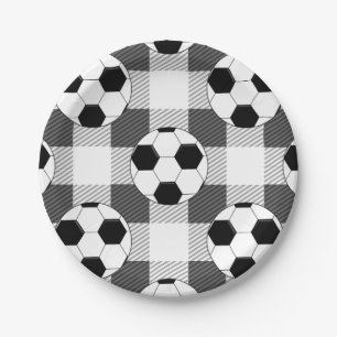 Kariertes Fußball-Muster in Schwarz-weiß und grau Pappteller