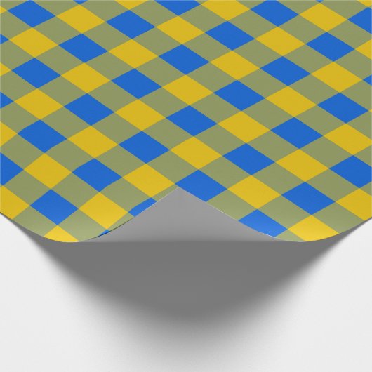 Kariertes Geschenkpapier mit blauen und gelben Büf (Ecke)