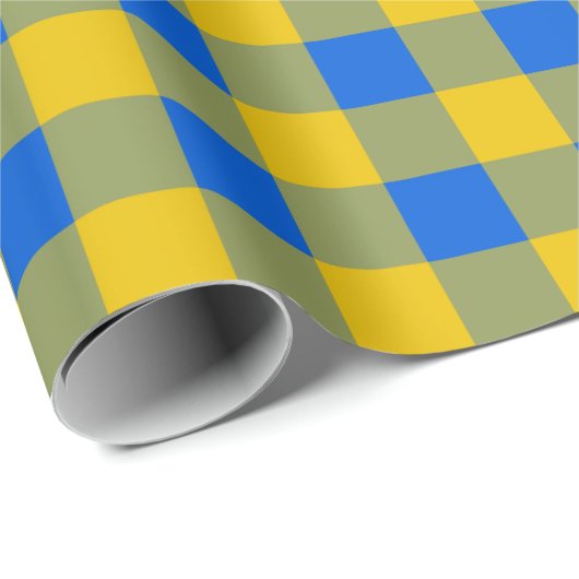 Kariertes Geschenkpapier mit blauen und gelben Büf (Rolleneckpunkt)