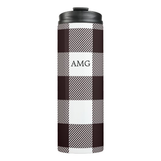 Kariertes Gingham-Muster für Schwarz-Weiß-Monogram Thermosbecher (Vorderseite)