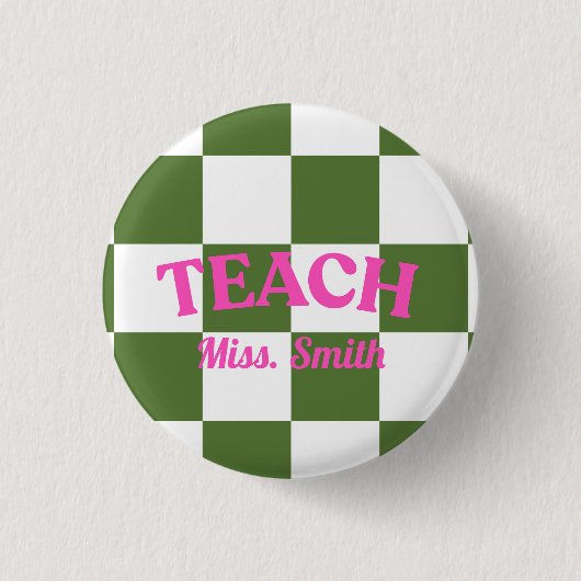 Kariertes Grün Lehr Lehrerin Pin Button (Vorderseite)