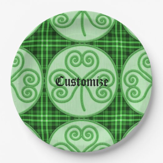 Kariertes grün-schwarzes Kleeblatt Pappteller (Vorderseite)