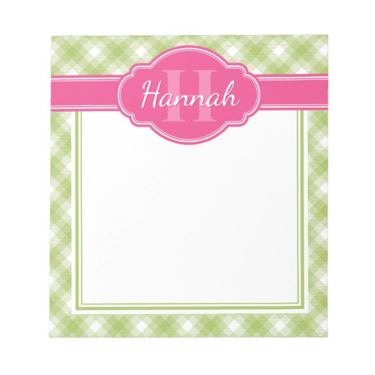 Kariertes, grün-weißes Muster, rosa Monogramm Notizblock (Vorderseite)