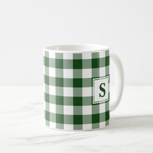 Kariertes, grünes Buffalo-Muster mit Monogramm Kaffeetasse (VorderseiteRechts)
