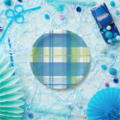 Kariertes Grünes und Blau Madras Pappteller (Party)