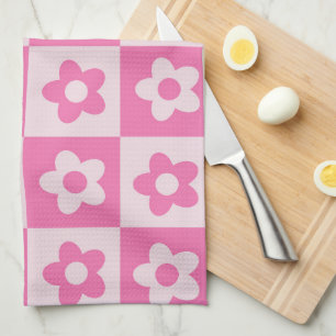 Kariertes heißrosa und weißes Retro-Blumenmuster Geschirrtuch