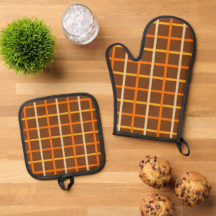 Kariertes Herbstmuster in Orange Green und Brown Ofenhandschuh & Topflappen-Set