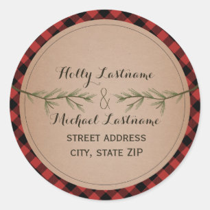 Kariertes Herz mit Evergreen Branch Adresse Runder Aufkleber