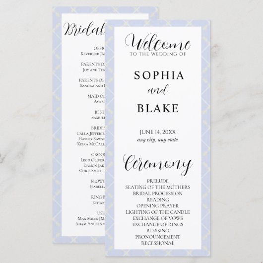 Kariertes Hochzeitsprogramm in Blau, Gelb und Weiß (Vorne/Hinten)