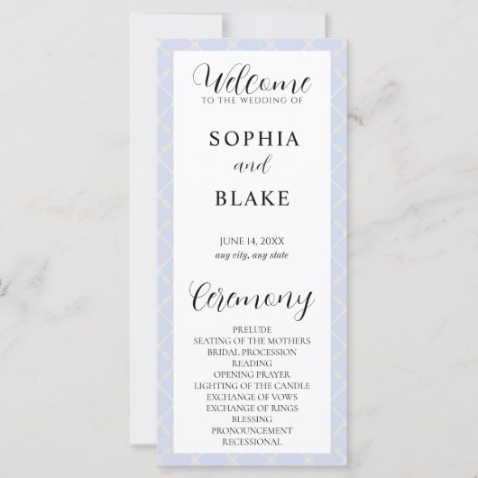 Kariertes Hochzeitsprogramm in Blau, Gelb und Weiß (Vorderseite)