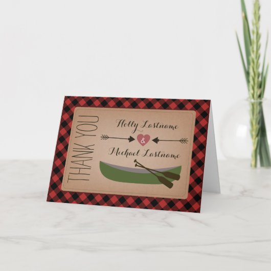 Kariertes Kanu + Herz mit Pfeilen Danke Karte (Vorderseite)