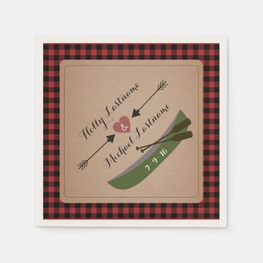 Kariertes Kanu + Herz mit Pfeilen Rustikale Hochze Serviette (Vorderseite)