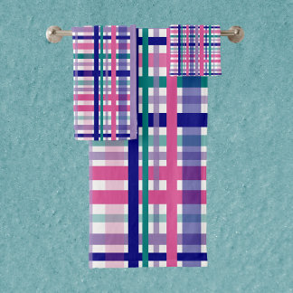 Kariertes Lila Rosa Navy Aquamarin Badhandtuch Set