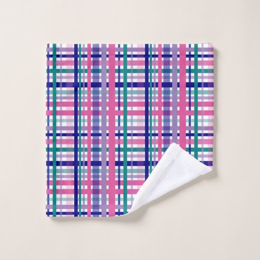 Kariertes Lila Rosa Navy Aquamarin Badhandtuch Set (Waschlappen)