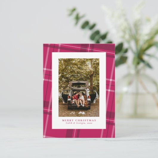 Kariertes magentinisches Foto Feiertagspostkarte (Stehend Vorderseite)
