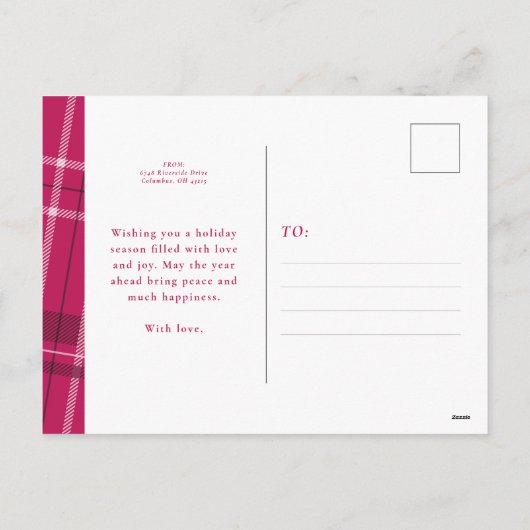 Kariertes magentinisches Foto Feiertagspostkarte (Rückseite)
