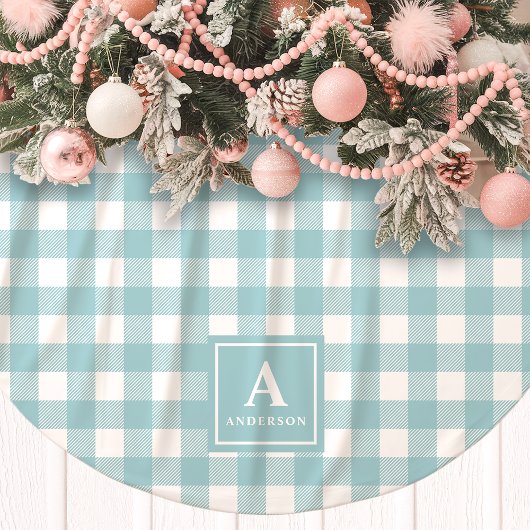Kariertes Monogramm aus blauem Gingham und weißem  Polyester Weihnachtsbaumdecke