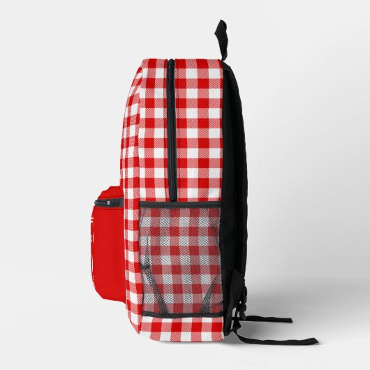 Kariertes Monogramm aus Gingham-Karo, Rot und Weiß Bedruckter Rucksack (Rechts)