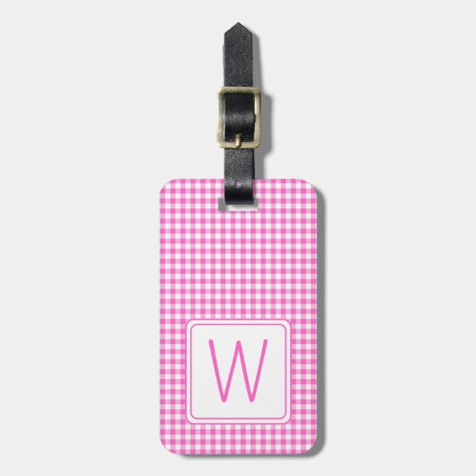 Kariertes Monogramm aus Gingham, rosa und weiß Gepäckanhänger (Vorderseite vertikal)