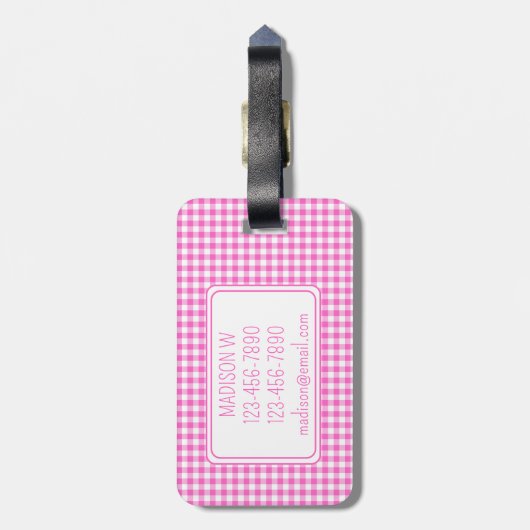 Kariertes Monogramm aus Gingham, rosa und weiß Gepäckanhänger (Rückseite vertikal)