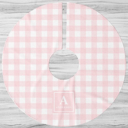 Kariertes Monogramm aus Gingham, rosa und weiß Polyester Weihnachtsbaumdecke