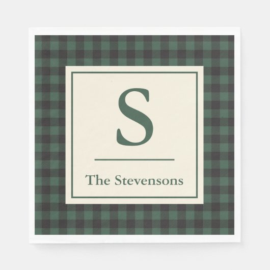 Kariertes Monogramm aus grünem Büffel Serviette (Vorderseite)