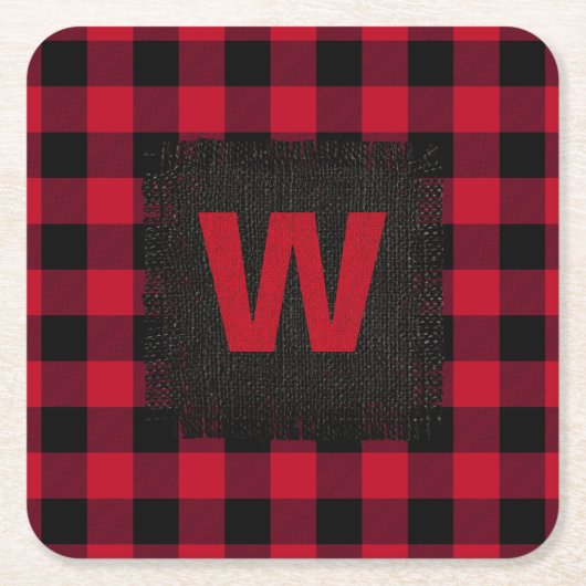 Kariertes Monogramm aus rotem und schwarzem Buffal Rechteckiger Pappuntersetzer (Vorderseite)