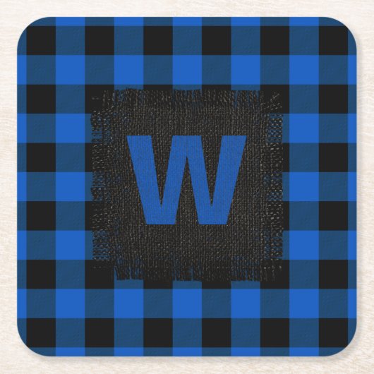 Kariertes Monogramm aus Rustikal Blau und Schwarz  Rechteckiger Pappuntersetzer (Vorderseite)