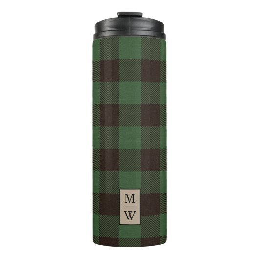 Kariertes Monogramm aus Rustikal grün und schwarz Thermosbecher (Vorderseite)
