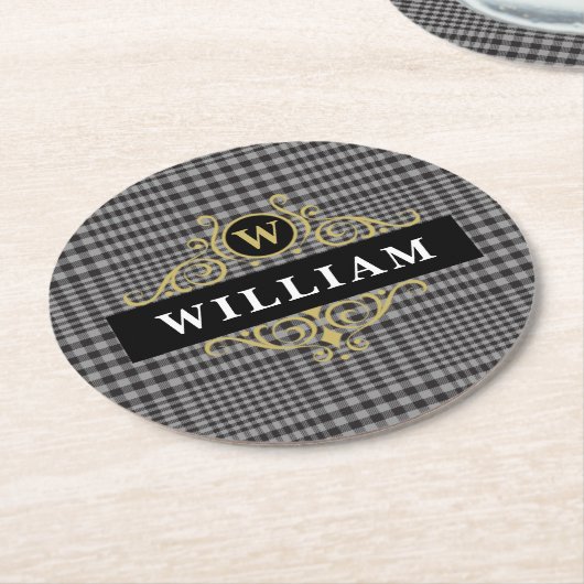 Kariertes Monogramm aus Schwarz-Graue-Glen Runder Pappuntersetzer (Angewinkelt)