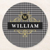 Kariertes Monogramm aus Schwarz-Graue-Glen Runder Pappuntersetzer (Vorderseite)