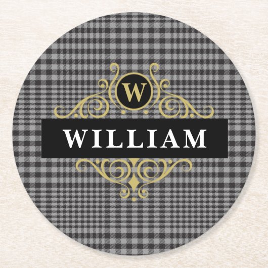 Kariertes Monogramm aus Schwarz-Graue-Glen Runder Pappuntersetzer (Vorderseite)