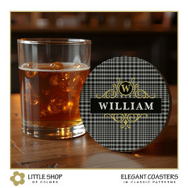 Kariertes Monogramm aus Schwarz-Graue-Glen Runder Pappuntersetzer