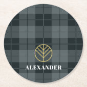 Kariertes Monogramm aus schwarzem Tartan Runder Pappuntersetzer (Vorderseite)