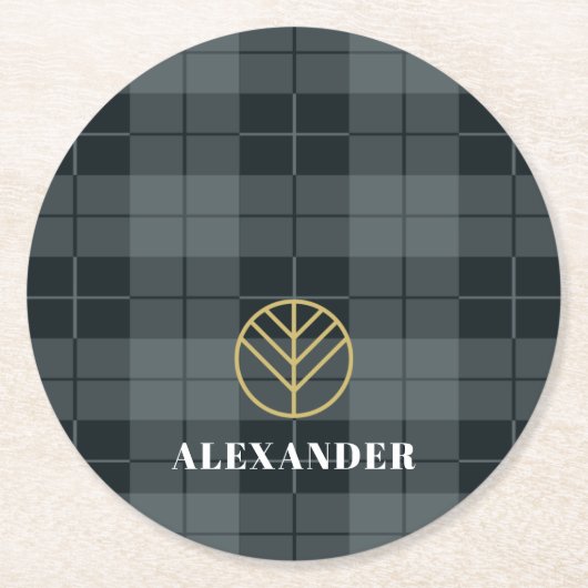 Kariertes Monogramm aus schwarzem Tartan Runder Pappuntersetzer (Vorderseite)
