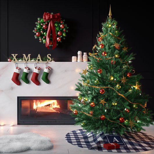 Kariertes Monogramm für Navy Blue und White Gingha Polyester Weihnachtsbaumdecke