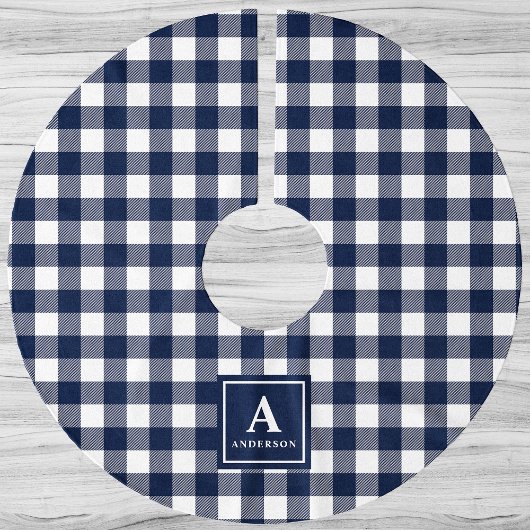 Kariertes Monogramm für Navy Blue und White Gingha Polyester Weihnachtsbaumdecke