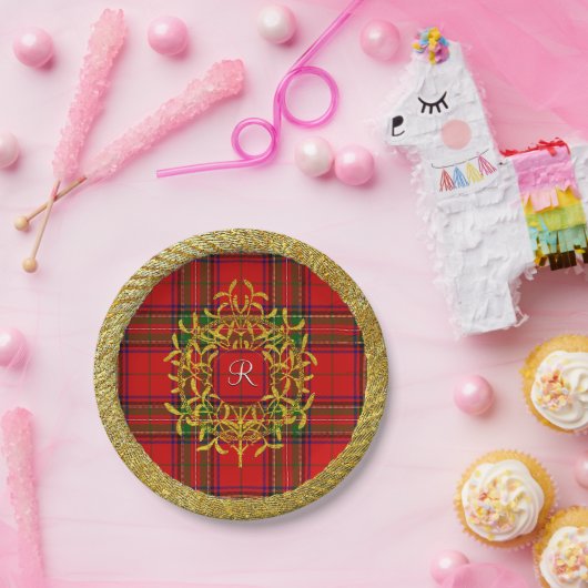 Kariertes Monogramm Goldmistelzweig-Stewart Pappteller (Party)