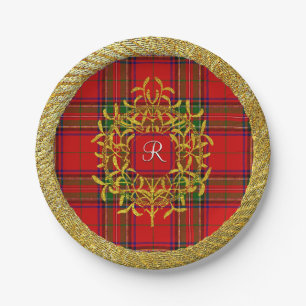Kariertes Monogramm Goldmistelzweig-Stewart Pappteller
