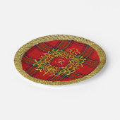 Kariertes Monogramm Goldmistelzweig-Stewart Pappteller (Schrägansicht)