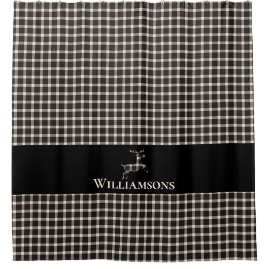 Kariertes Monogramm Hirsch | Creme White Black Duschvorhang (Vorderseite)