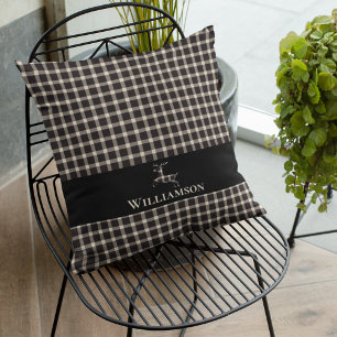 Kariertes Monogramm Hirsch   Creme White Black Kissen