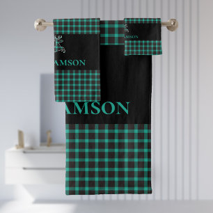 Kariertes Monogramm Hirsch Schwarz Aquamarin grü Badhandtuch Set