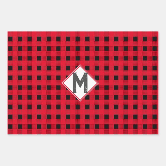 Kariertes Monogramm, in Rot und Schwarz Geschenkpapier Set (Vorderseite 2)