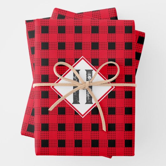 Kariertes Monogramm, in Rot und Schwarz Geschenkpapier Set (Beispiel)