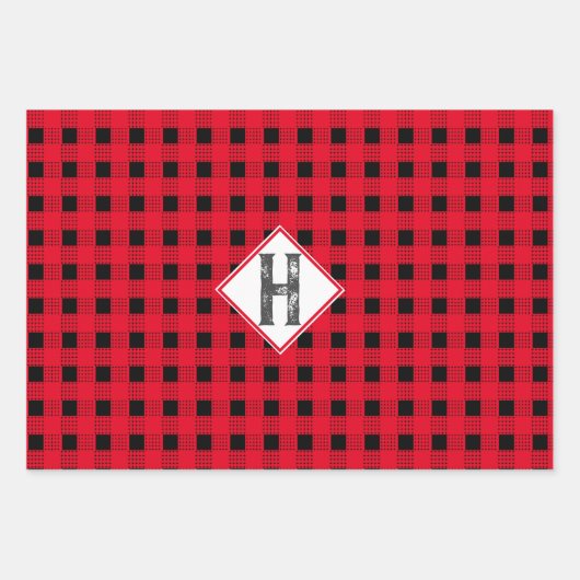 Kariertes Monogramm, in Rot und Schwarz Geschenkpapier Set (Vorderseite)
