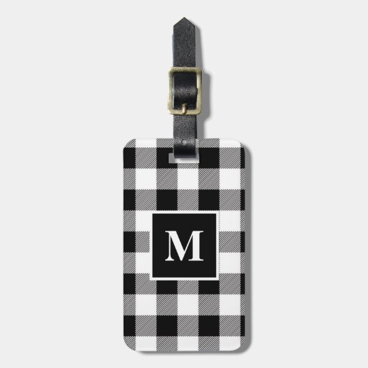 Kariertes Monogramm in Schwarz und Weiß Gepäckanhänger (Vorderseite vertikal)